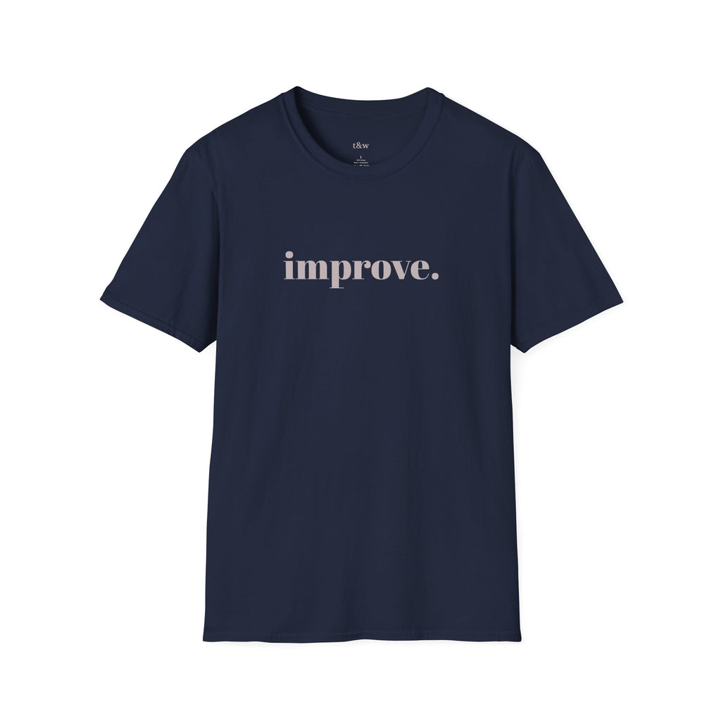 Minimal navy oversized graphic t-shirt featuring an "improve." chest print and a Japanese-inspired Kaizen wave design on the back. Aesthetic streetwear designed for those who embrace growth, discipline, and self-improvement.