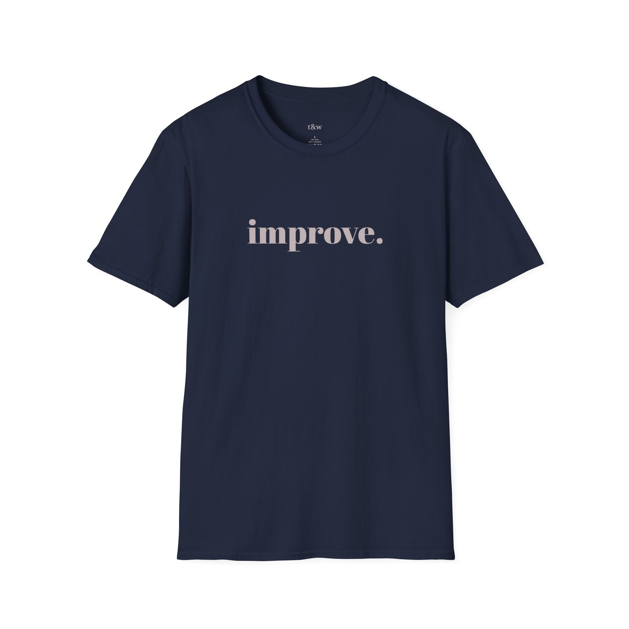 Minimal navy oversized graphic t-shirt featuring an "improve." chest print and a Japanese-inspired Kaizen wave design on the back. Aesthetic streetwear designed for those who embrace growth, discipline, and self-improvement.