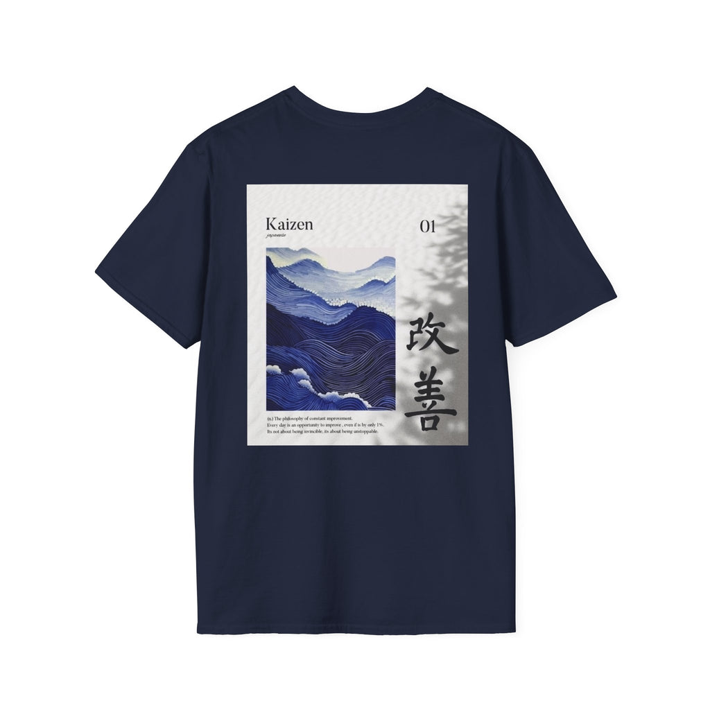 Minimal navy oversized graphic t-shirt featuring an "improve." chest print and a Japanese-inspired Kaizen wave design on the back. Aesthetic streetwear designed for those who embrace growth, discipline, and self-improvement.