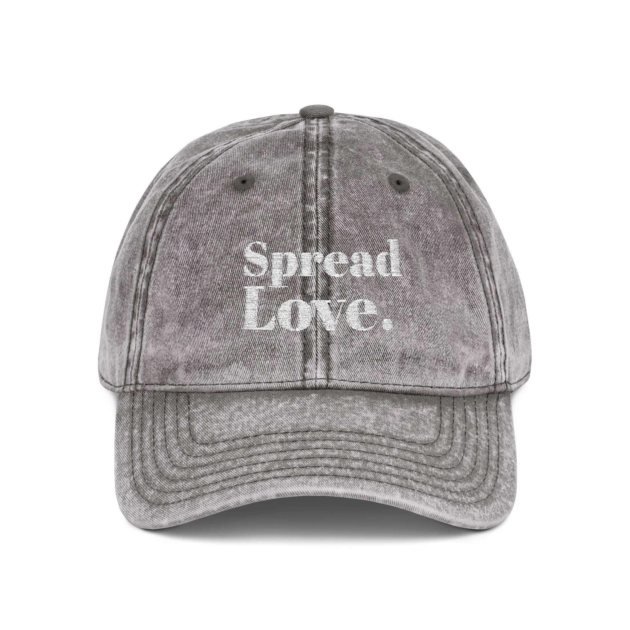 Minimal washed grey dad cap with premium white "Spread Love." embroidery on the front. A timeless streetwear essential made for everyday comfort, positivity, and effortless style.