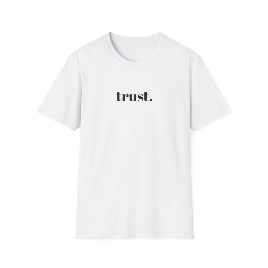 White oversized graphic tee featuring a minimalist "trust." chest print and a Renaissance-inspired artwork on the back. A premium aesthetic streetwear piece blending timeless art, self-expression, and modern minimal fashion.