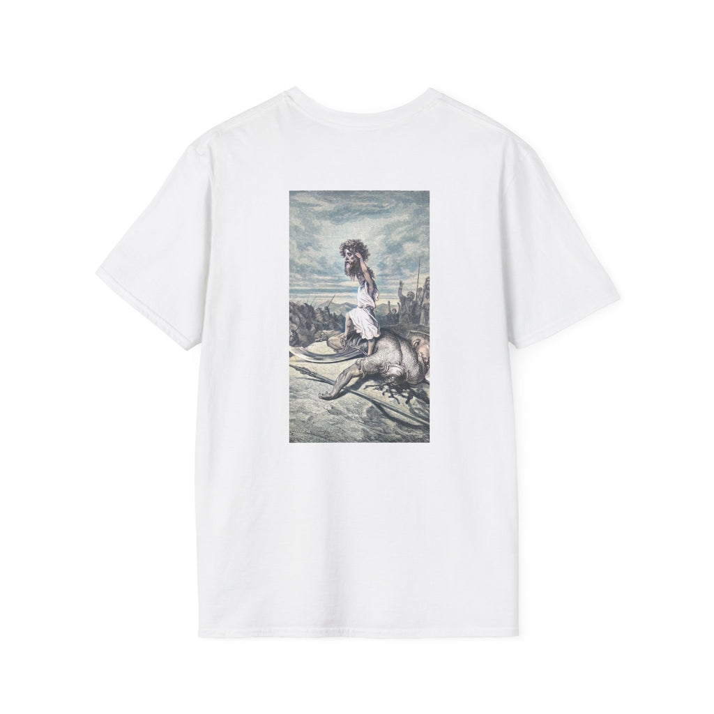 White oversized graphic tee featuring a minimalist "trust." chest print and a Renaissance-inspired artwork on the back. A premium aesthetic streetwear piece blending timeless art, self-expression, and modern minimal fashion.